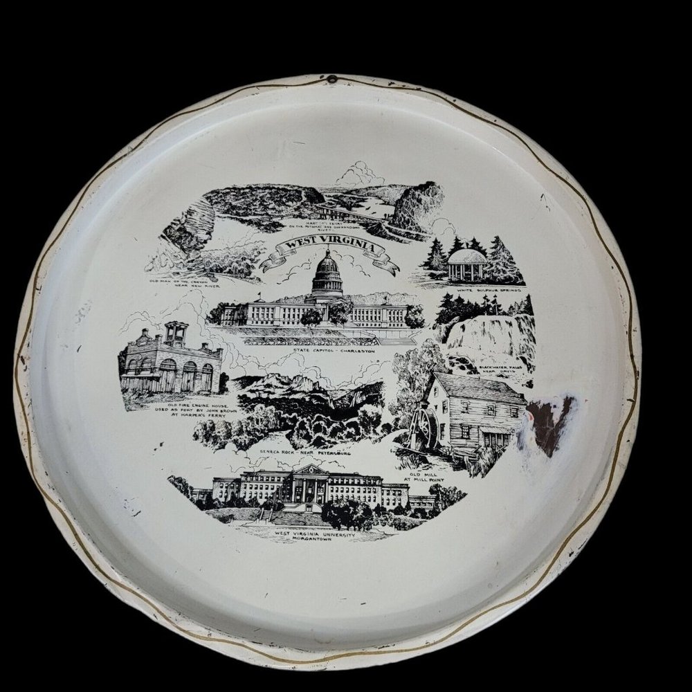 Vintage West Virginia Tin Souvenir State Tray Plate Decor 13”